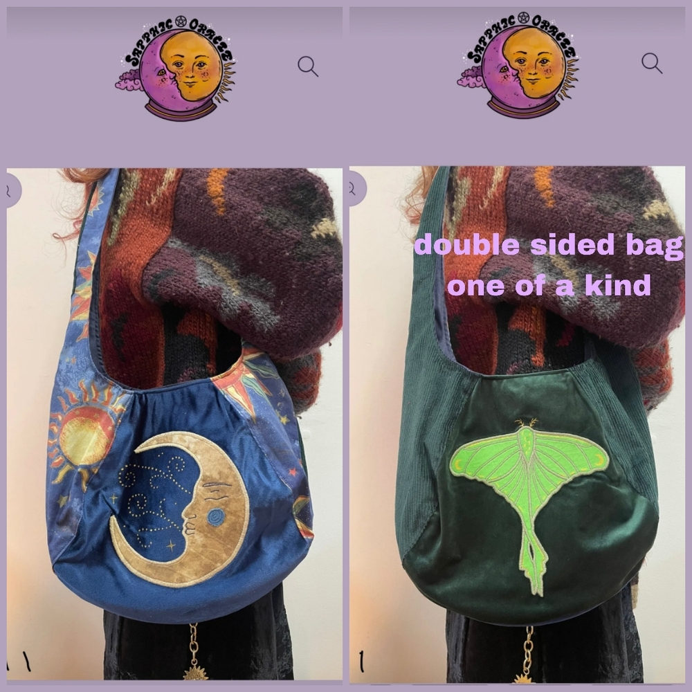 Double-sided, one of a kind celestial moon and moth bag - Sapphic Oracle